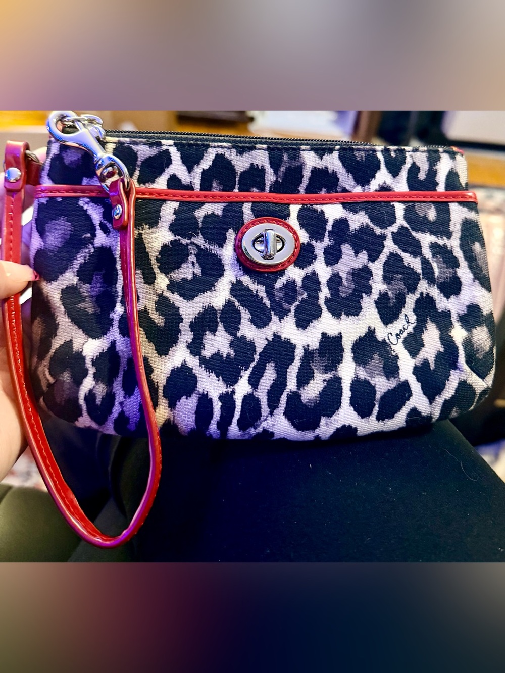 Coach Park Ocelot Print Medium Turnlock Wristlet  Red Black EUC